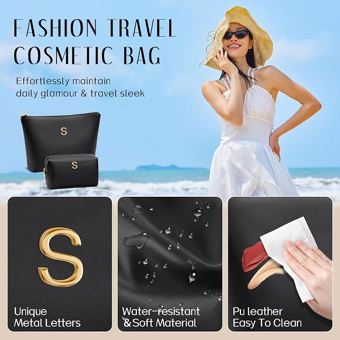 Women Gifts | Initial Makeup Bag for Girl Personalized Gifts for Bridesmaid Friend PU Leather Cosmetic Travel Toiletry Bag(Black,S)
