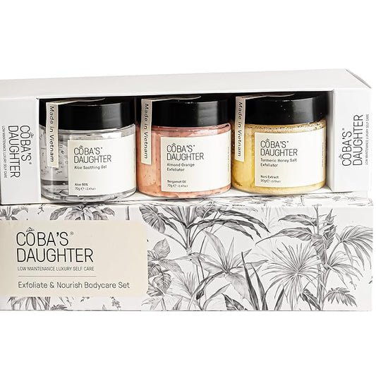 COBA’S DAUGHTER Christmas Gift for Women - 3-Piece Spa Gift Set with Honey Turmeric Scrub, Almond Orange Scrub & Aloe Vera Gel - Perfect Birthday Gift, Self-Care Spa Gift Box, Travel Size Beauty Set