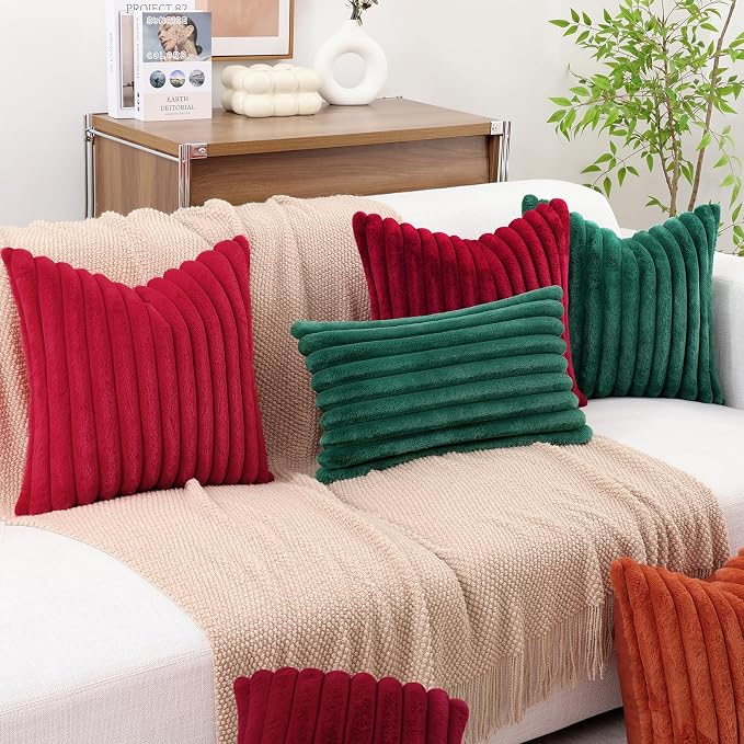 decorUhome Fall Faux Fur Throw Pillow Covers 12x20 Set of 2 Red | Decorative Soft Cozy Striped Plush Modern Farmhouse Boho Couch Pillow Cases Velvet Back for Sofa Bed Living Room Home Decor