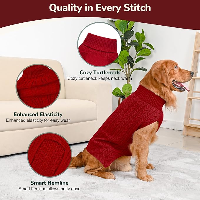 Dog Sweater 2 Pack for Large Dogs, Size XL, Red & Green | Stretchy cable knit turtleneck, machine washable, high belly cut, comfy winter fit for English Bulldog, Boxer