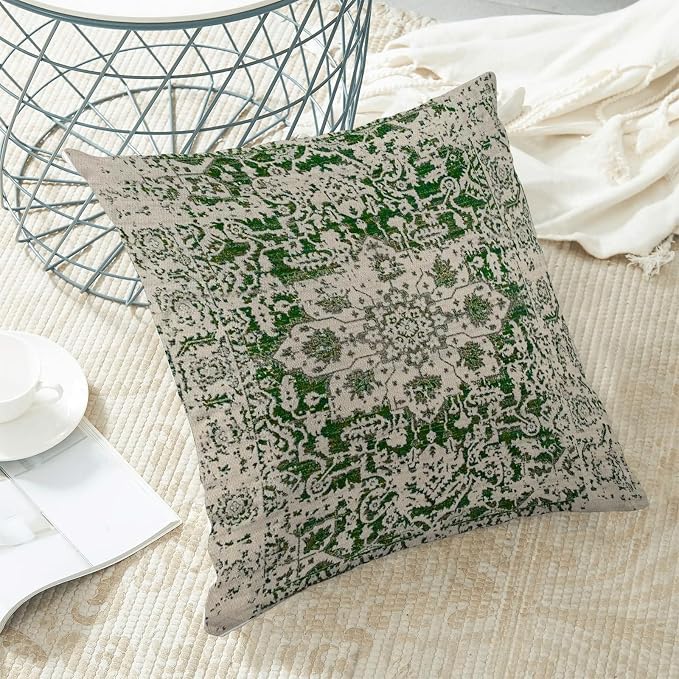 AEIOAE Boho Pillow Covers 20x20 Inch Set of 2,Sage Green Beige Carpet Pattern Throw Pillows Case,Ethnic Design Retro Outdoor Decorative Square Linen Farmhouse Decor Cushion Covers for Home Sofa Couch