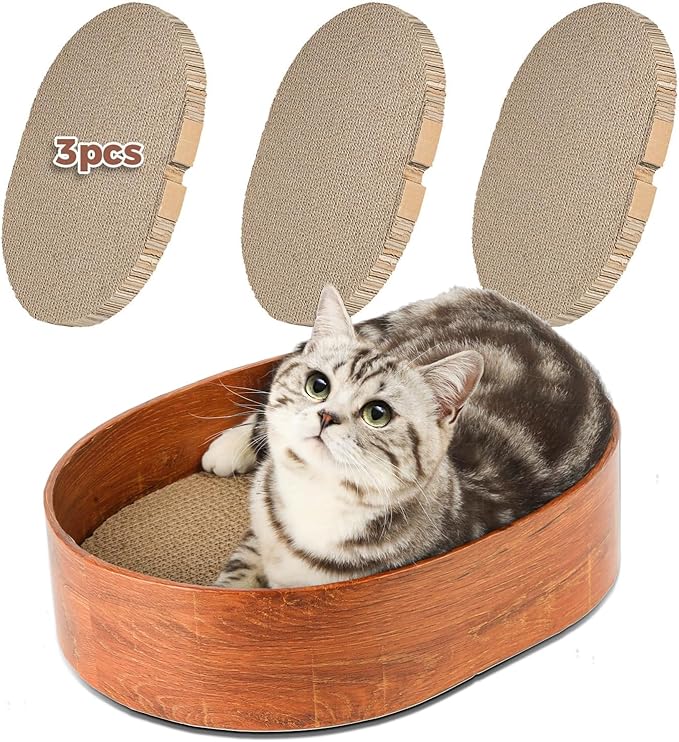 Oval Cat Scratcher Bed 16 in, 3 Reversible Cardboard Scratch Pads for Cats | Cat Scratching Board, Corrugated Cardboard Inserts, Double-Sided Use, Bowl Shape, Furniture Protection, Indoor Floor Use