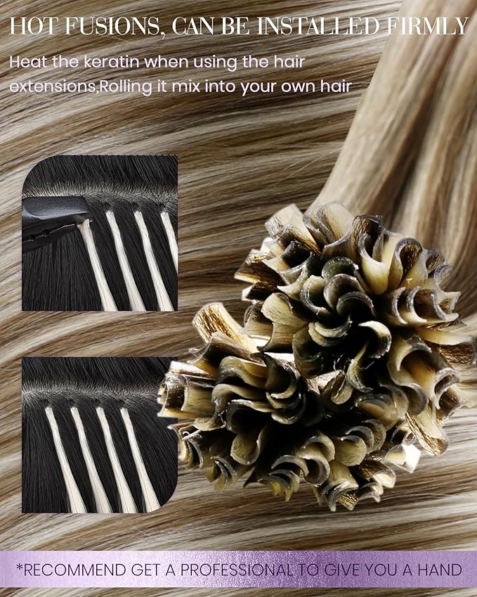 LaaVoo K Tip Hair Extensions Real Human Hair Highlight Brown Utip Hair Extensions Human Hair Light Brown and Golden Blonde Ktip Human Hair Extensions Short Straight 50s 50g 14 inch