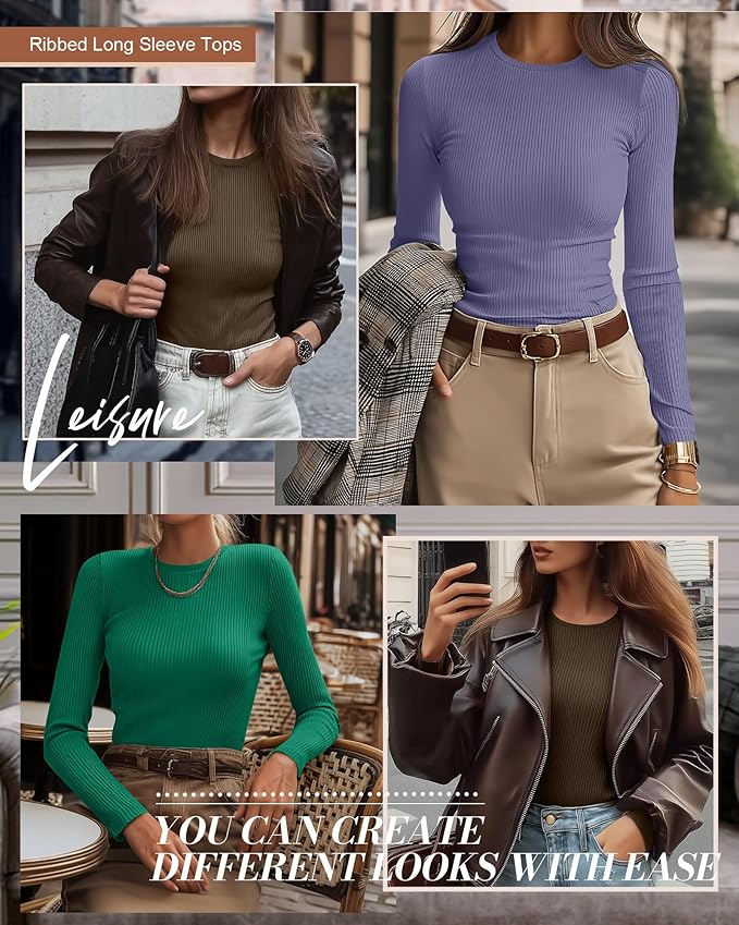 Ficerd 3 Pack Women's Ribbed Long Sleeve Tops, Crew Neck Slim Fit Undershirts Knit Basic Casual Stretch Layering Tee Shirts