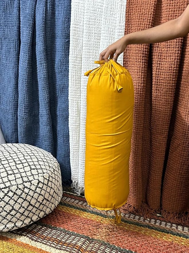 Round Pillow Cover Cervical Neck Roll Cotton Bolster Pillowcase for Cylindrical Cushion and Drawstring Closure Round Neck Pillowcase 6" x 18" (15 x 45 cm) Mustard
