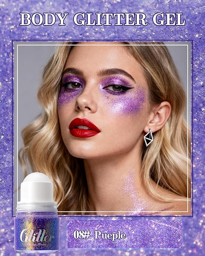 Roll-on face Body Glitter Gel, Holographic Purple Long Lasting Body Glitter Gel for Face Hair, Mermaid Makeup Chameleon Shimmer Sequins, Christmas Festival Party Rave Accessories for Women Gifts-08