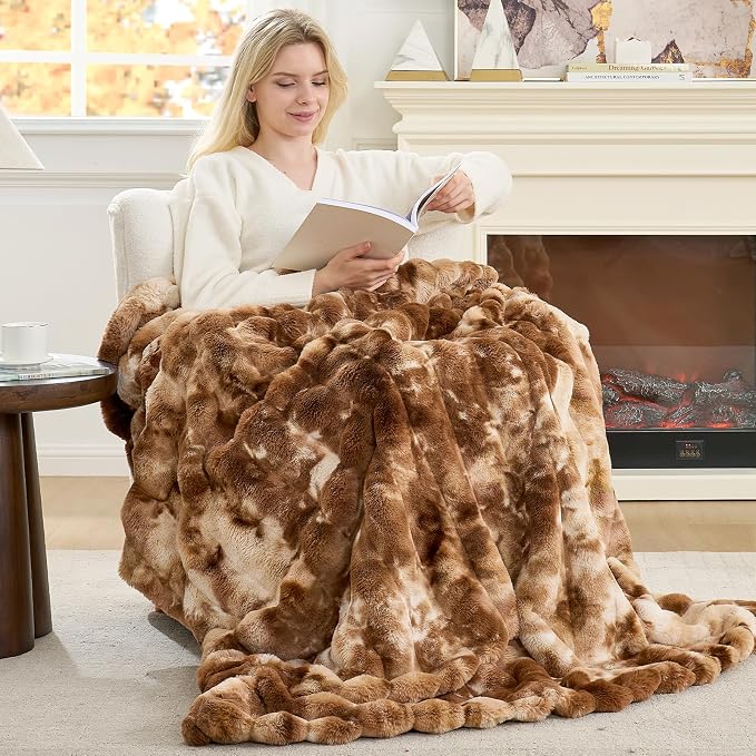 Cozy Bliss Deluxe Striped Rabbit Faux Fur Throw Blanket, Soft Fluffy Warm Plush Blanket for Winter, Modern Homr Decor, Tie-dye Brown 50"x60"