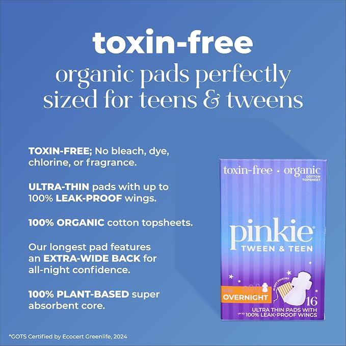 Pinkie Period Starter Pads - Designed for Smaller Underwear - Organic Cotton Topsheet Tween & Teen Pads with Wings - Chlorine Free & Fragrance Free - Teen Overnight, 16 Count