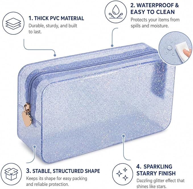 RSRSLEII Stardust Twinkle Jelly Travel Makeup & Toiletry Bag, Waterproof PVC Cosmetic Bag/Case for Women，Zipper SPF Beach Bag for Sunscreen Skincare and Daily Essentials (06Silver-Large)