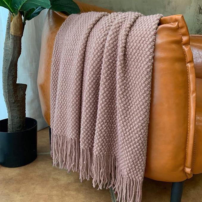 LOMAO Knitted Throw Blanket with Tassels Bubble Textured Lightweight Throws for Couch Cover Home Decor (Brownish Pink, 50x60)