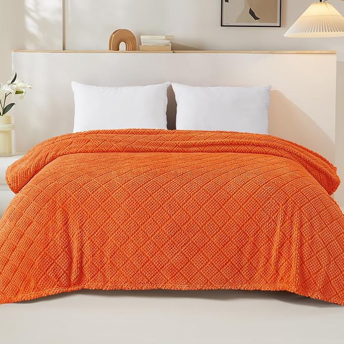 Whale Flotilla Soft Fleece Queen Size Blanket for Bed, Burnt Orange | Jacquard Waffle Blankets for Home Decor, Lightweight and Cozy, All Season Suitable, 90x90 Inch