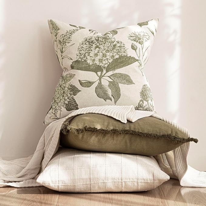 Foindtower Set of 2 Linen Floral Throw Pillow Covers Neutral Vintage Print Decorative Cushion Covers Farmhouse Boho Home Decor for Sofa Chair Couch Bedroom Living Room,24×24 Inch,Sage Green