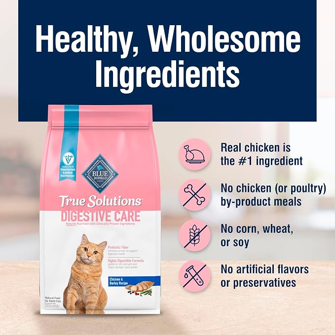 Blue Buffalo True Solutions Digestive Care Chicken Dry Cat Food, 11 lb | Adult Formula, Clinically Proven Prebiotic Fiber, Vet-Recommended High-Protein