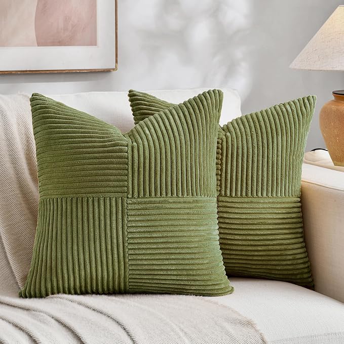 Fancy Homi Moss Green Euro Decorative Throw Pillow Covers 28x28 Inch for Bedroom Couch Bed, Farmhouse Boho Home Decor, Soft Corss Corduroy Patchwork Textured Square Cushion Case 71x71 cm