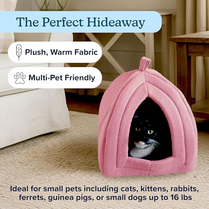 PETMAKER Cat House Indoor Bed with Removable Foam Cushion, Pink | Plush Cat Tent Bed for Small Kittens, Rabbits, Guinea Pigs, and Other Small Animals, Comfortable Cozy Pet Hideaway