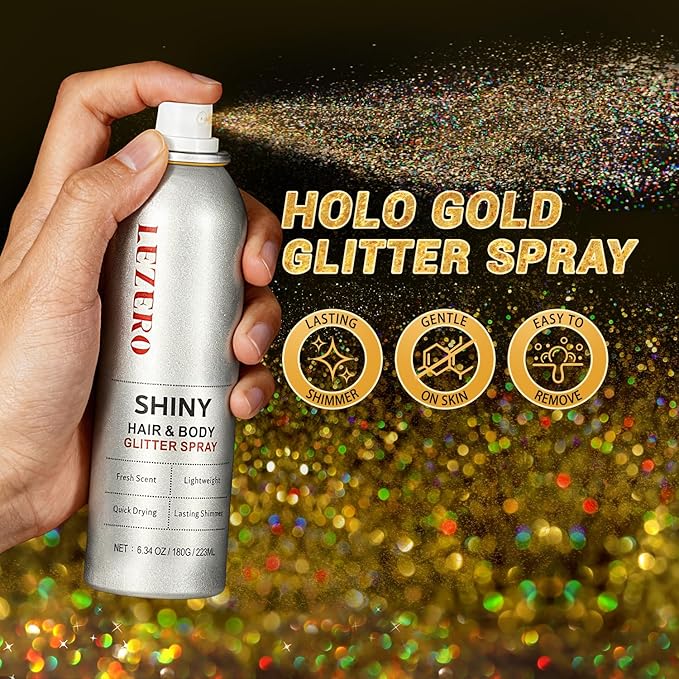 Hair and Body Glitter Spray for Women Kids, 6.34OZ Large Capacity Original Temporary Shimmery Glitter Spray for Festival Rave Outfits Accessories, Singer Concert, Wedding Season, Dazzle Gold