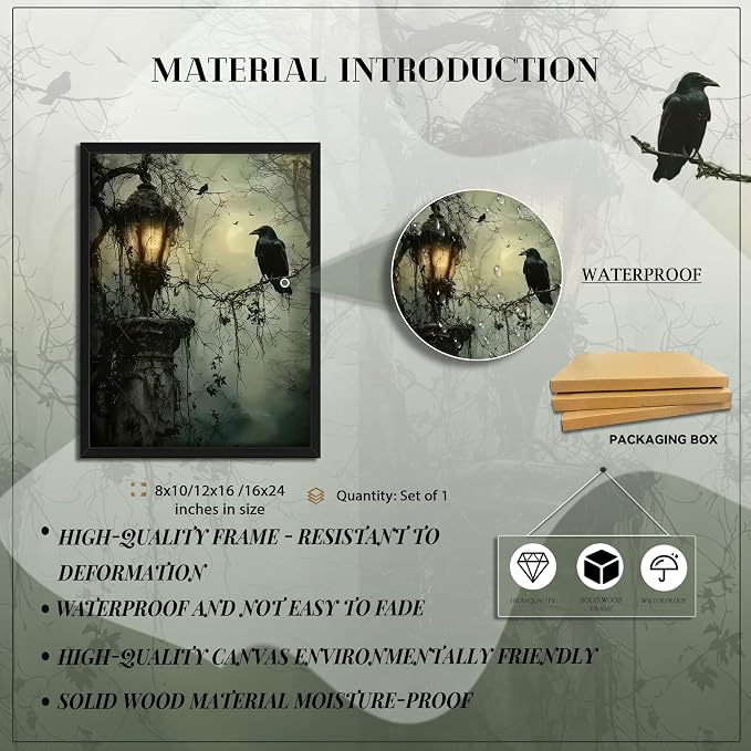 Gothic Decor Framed Wall Art, Vintage Dark Academia Canvas Prints, Horror Forest Crow Wall Decor for Living Room Bedroom Home Decor – Black Wooden Frame 8x10in