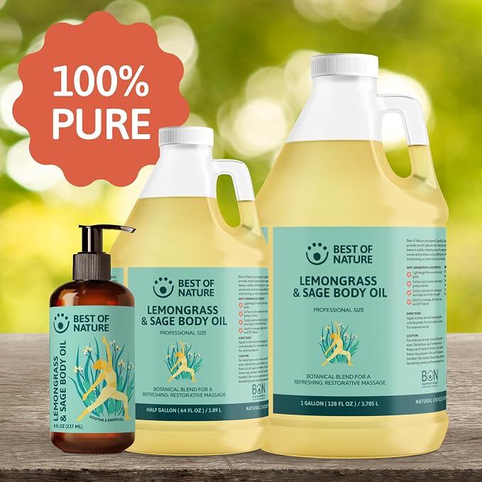 Best of Nature Lemongrass and Sage Massage Oil Blend - Non-Greasy Aromatherapy Massage Oil for Body, Skin & Face, Crafted with Pure Essential Oils, Half Gallon (64 fl oz)