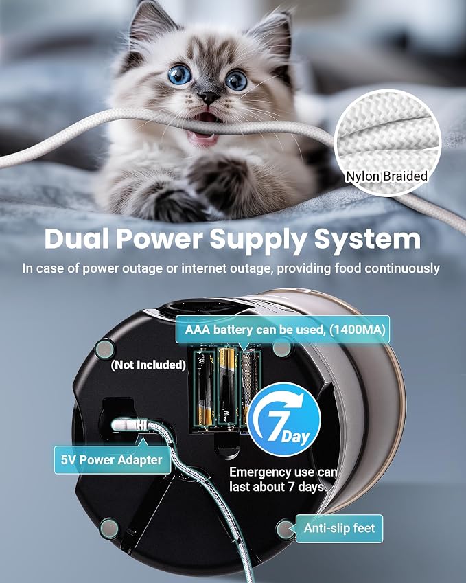 Automatic Cat Feeder with 3 Bowls, Strong Anti-Jam System, Dual-Effect Desiccant, Smart WiFi App Control Pet Feeder, Glossy Black
