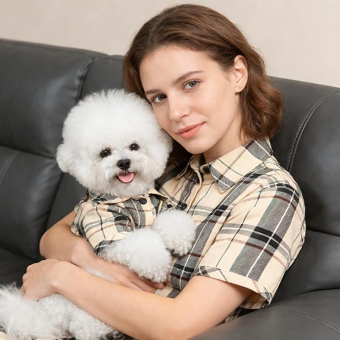 PUPTECK Classic Plaid Dog Shirt, Puppy Polo T-Shirt Clothes, Beige M | Soft Cotton Button Up Dog Clothes for Small Medium Dogs Boy Girl, Fashion Pet Tee, Chic Casual Pet Outfit Apparel