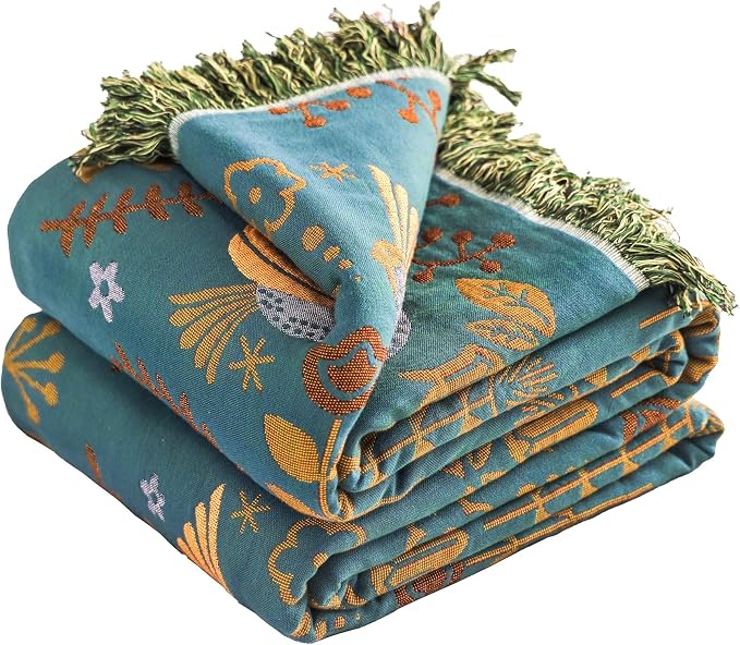 VANJOROY Boho Throw Blanket, 100% Organic Cotton Breathable Ultra Soft 50" x 60" Bed Quilt Throw - Floral Rustic Bird Farmhouse Decor Luxury Reversible Blanket for Sofa Couch Chair and Gift,Teal/Beige