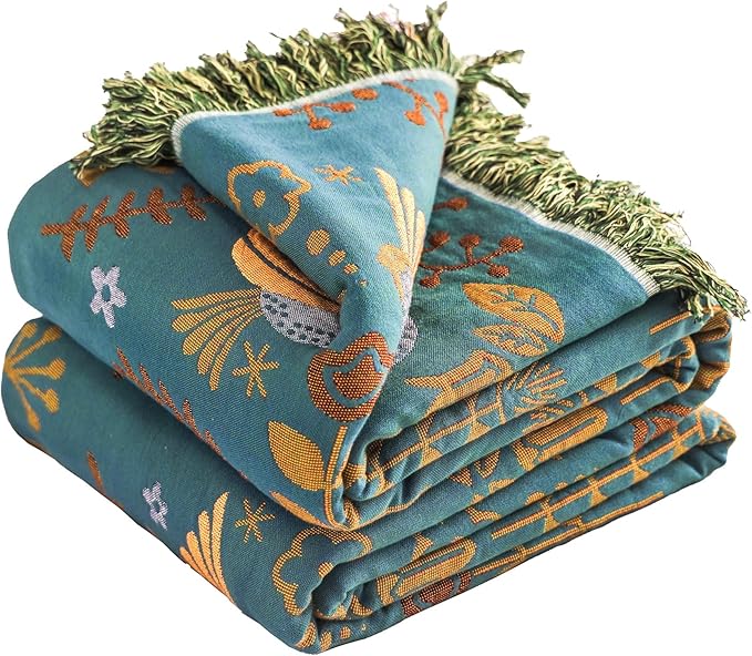 VANJOROY Boho Throw Blanket, 100% Organic Cotton Breathable Ultra Soft 80" x 90" Bed Quilt Throw - Floral Rustic Bird Farmhouse Decor Luxury Reversible Blanket for Sofa Couch Chair and Gift,Teal/Beige
