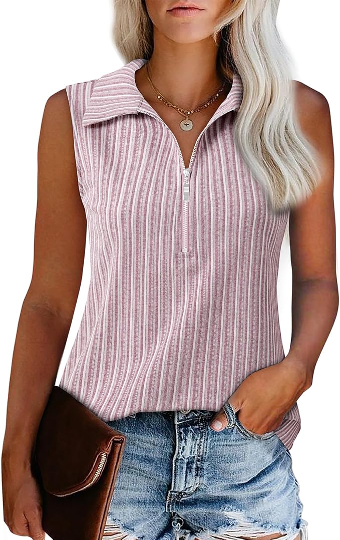 Vivilli Womens Ribbed Tank Top Zipper V Neck Dressy Casual Blouses Sleeveless Camisole Tops Work Tank Polo Shirts