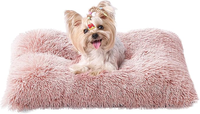 EHEYCIGA Fluffy Dog Crate Bed for Small Dogs, Plush Crate Pad, Pink | Calming Anti Anxiety Small Dog Bed, Washable Soft Warm Faux Fur Crate Mat with Non-Slip Bottom
