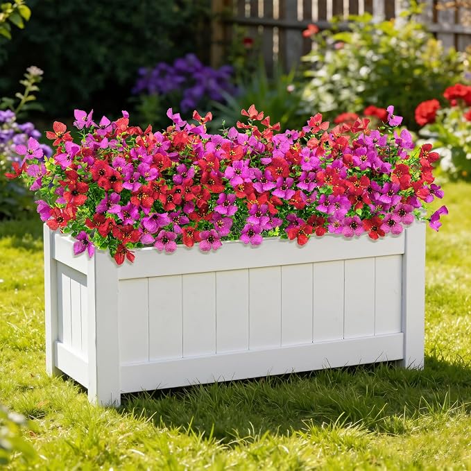 16 Pcs Artificial Flowers for Outdoors Decoration, Purple & Red | Realistic, silk flowers, faux plastic plants, UV resistant, for summer garden porch window vase indoor outdoor home decor