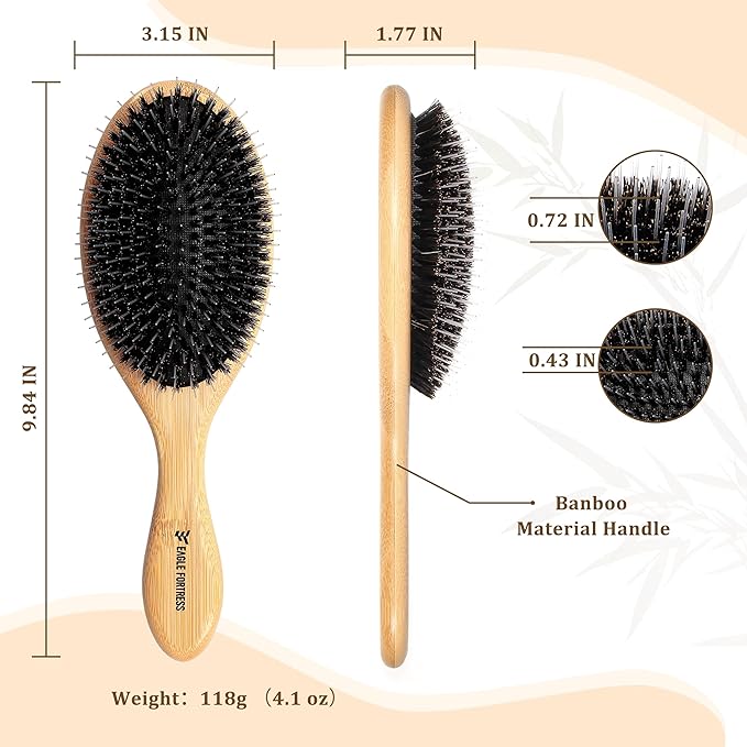 Eagle Fortress Boar Bristle Hair Brush for Women, Detangler Brush for Wet, Dry & Damaged Hair with Long Pins for Thick & Long Hair - Bamboo