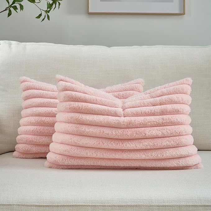 FUTEI Pack of 2 Faux Fur Throw Pillow Covers 12x20 Inch, Pink | Fluffy Faux Rabbit Fur Front/Premium Velvet Back,Hidden Zipper,Machine Washable,Non-Shedding,Colorfast,Insert Not Included.