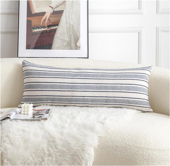 Cethom Decorative Boho Lumbar Pillow Covers, Modern Farmhouse Couch Pillowcase, 14 x 36 Long Accent Body Throw Pillow Covers, Sofa Bed Living Room Decor Cushion Case, Navy Blue and Beige, Pack of 1