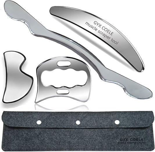 Professional Muscle Scraping Tool Set, 4-Piece Stainless Steel Massage Kit with Case, Physical Therapy and Myofascial Release Tools