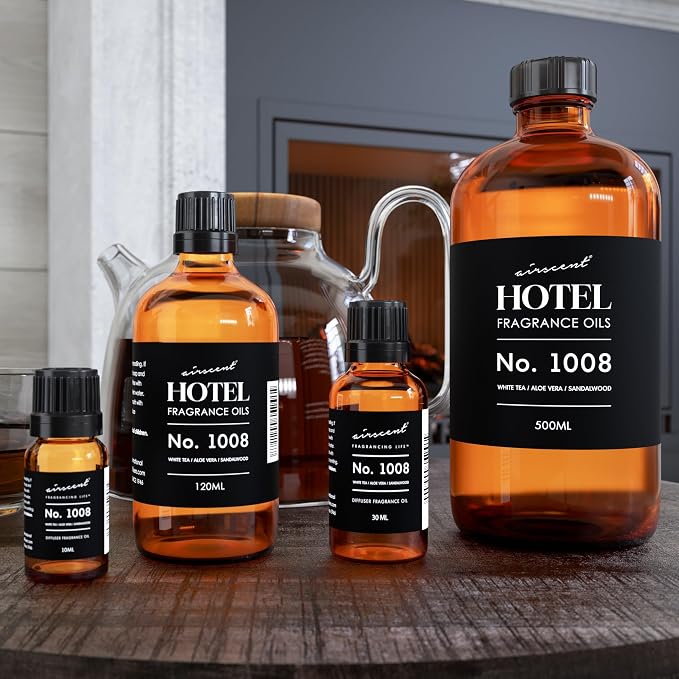 AirScent Hotel Diffuser Oil No. 1008 - White Tea, Aloe Sandalwood - 10 mL | Hotel Scent Dupe - Premium Fragrance Oil for Ultrasonic and Waterless Diffusers and Crafting - .34 fl oz Dropper Bottle