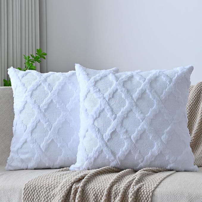 Set of 2 Soft Moroccan Throw Pillow Covers 20x20 Inch Plush Boho Decorative Pillow Cover Accent Cushion Case for Couch Sofa Bed, Pure White