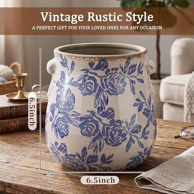 Ceramic Scroll Planter 6.5 Inch Chinoiserie Floral Vase with Drainage Holes Vintage Flower Vase Flower Pot Rustic Ceramic Pots for Indoor Plants Garden Home Bookshelf Decor (Blue)