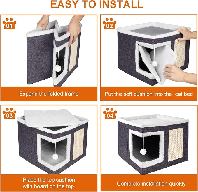 Loyareal Cat Houses for Indoor Cats - Large Cat Bed Cave with Scratch Pad and Fluffy Ball, Foldable Cat Condo Hideaway with Reversible Cushion for Multi Small Pet, Dark Grey