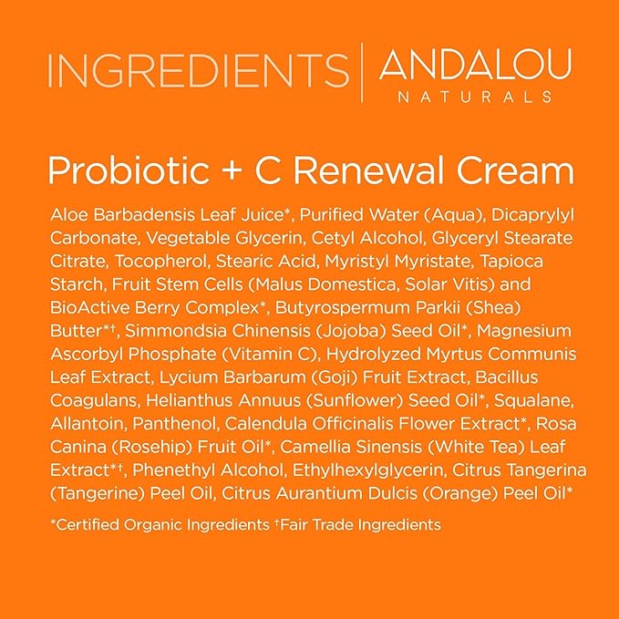 Andalou Naturals Probiotic + Vitamin C Renewal Cream-Complexion Enhancing Hydrating Face Moisturizer-Helps Promote Firmer Skin&More Even Tone-Lightweight,Non-Greasy Formula-1.7 Oz,(Pack of 2)