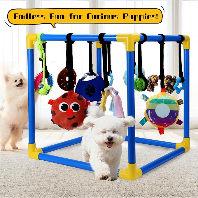 Puppy Play Gym with 12 Toys, Removable Dog Enrichment Playground, Interactive Indoor Training Activity Center for Small Dogs & Puppies, Teething & with Squeaky Toys, Fixable, 12 Toys