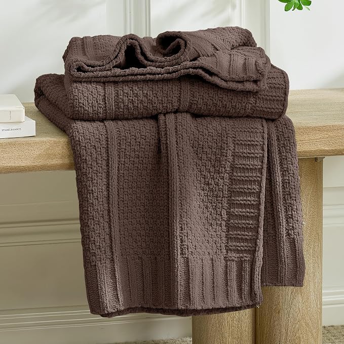 Chenille Throw Blanket for Couch, Soft Cozy Chunky Knit Blanket, Moss Stitch Throw for Sofa, Bed, Living Room, Lightweight Warm Home Decor, Dark Brown 50"x60"