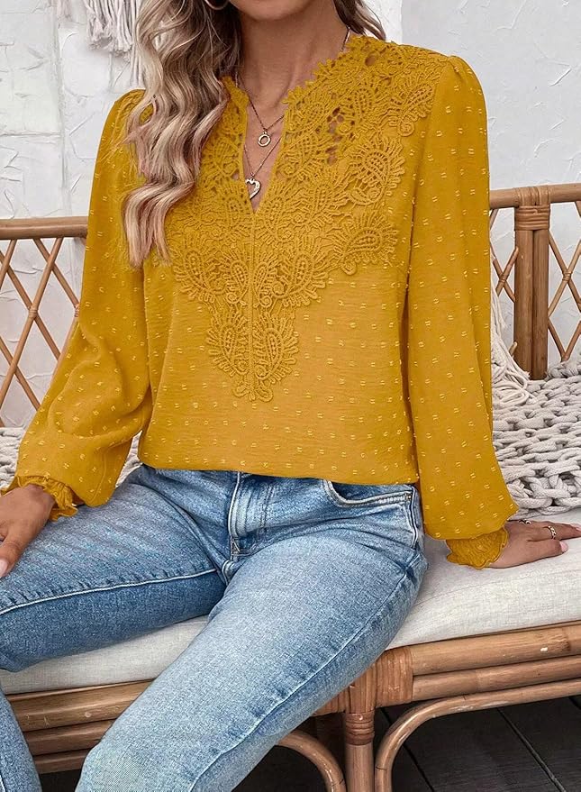 Womens Tops Swiss Dot Boho Long Sleeve Shirts V Neck Casual Chiffon Blouses Flowy Lace Hem Cute Clothing Trendy 2026