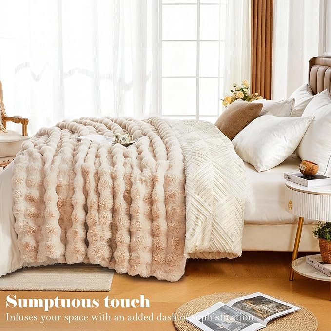 Faux Fur Throw Blanket for Couch, 1000 GSM Cozy Fuzzy Fluffy Soft Plush Thick Bubble Sherpa Blanket for Sofa Bedroom Living Room, Mothers Day Birthday Gifts for Women Home Decor