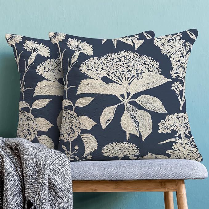 Floral Pillow Covers 18x18 Set of 2 Blue Beige Hydrangea Herbs Botanical Throw Pillow Covers Outdoor Decor Vintage Boho Flower Pillowcase Farmhouse Decorative Linen Cushion Case for Couch Sofa