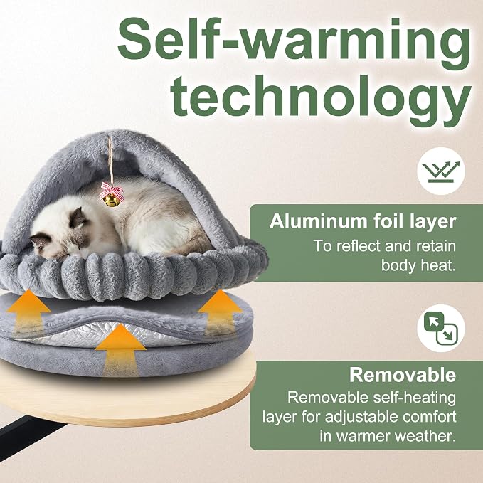 Cat Desk Bed with Self-Heating Pad – Adjustable Desk Mounted Cat Bed Nest with Bell | Cozy Cat Hammock for Desk, Cat Bed for Desk Attachment & Furniture-Loving Cats