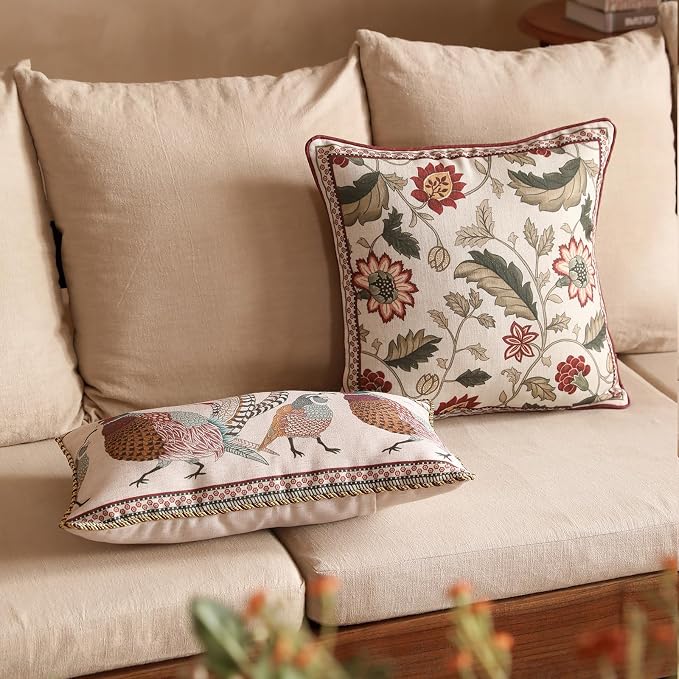 Designer Linen Square Throw Pillow Cover,Set of 2,18"x18"-Ratina A | Vintage French Elegant Pillow Cover,Concealed Zipper Design,Floral Pattern,Sofa,Bedroom,Living Room,Lounge Chairs