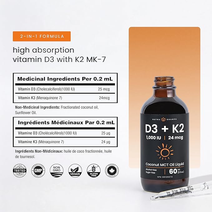 NutraChamps Vitamin D3 K2 Drops, Liquid Vitamin D3 5000 IU & K2 D3 with MK7, Vitamin D Drops for Kids, Bones, Heart & Immune Health, Liquid Vitamin D in MCT Oil for Better Absorption