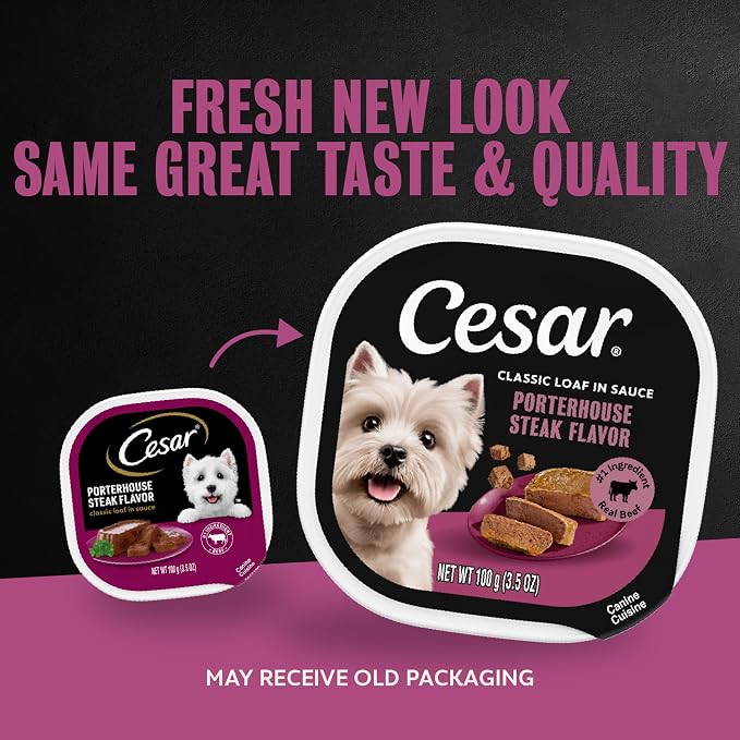 Cesar Classic Loaf Wet Dog Food, Porterhouse Steak, 3.5 oz, 24 Count | Made in USA, Real beef #1 ingredient, slow-cooked tender texture, easy peel trays, no fillers/added sugar/artificial flavor