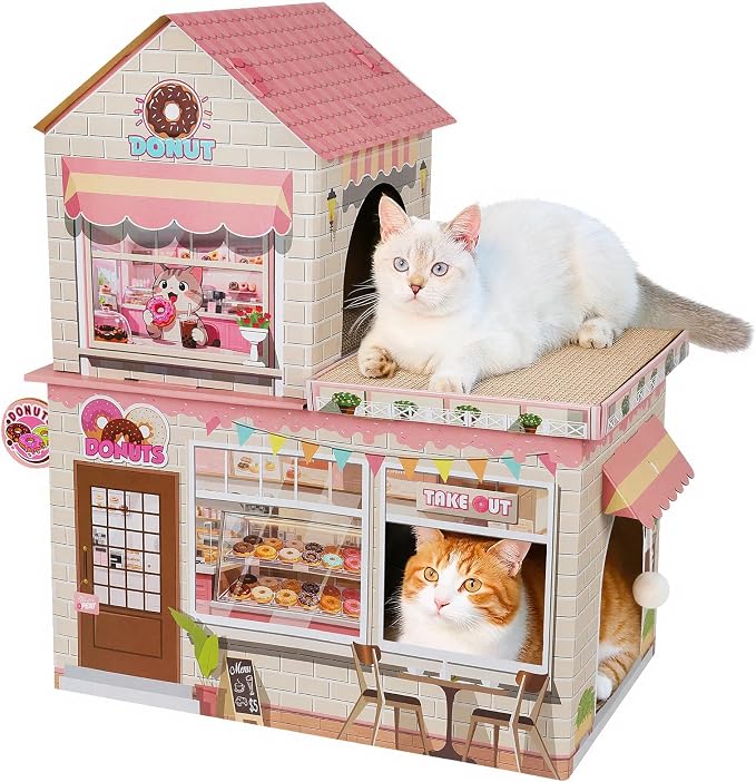 Cardboard Cat Houses for Indoor Cats Kitten Scratcher Houses Donuts Themed | Cat Condos Hut Hideout Play House Bed with Scratching Pads, Scratch Box for Large Kitty Rabbit Bunny Small Animals