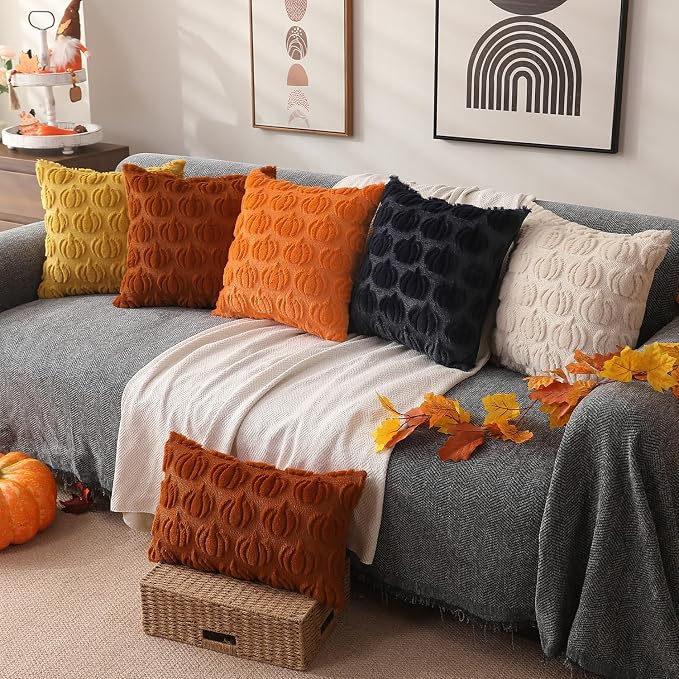 DFXSZ Fall Pillow Covers 16x16 2Pcs Orange Pumpkin Fall Decoration for Home | Fall decor Set of 2 Throw Pillow Cases Soft Plush Faux Fur Wool Couch Cushion for Chair Sofa Bedroom Living Room Home Decor