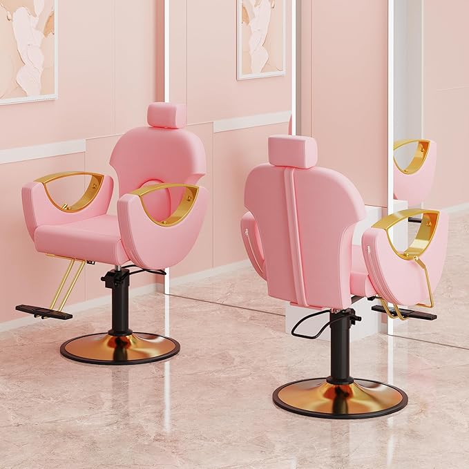 Barber Salon Chair, Reclining Hair Salon Chair, 360 Degrees Swivel Styling Chair, Height Adjustable Hydraulic Shampoo Chairs, Spa Equipment (Pink)